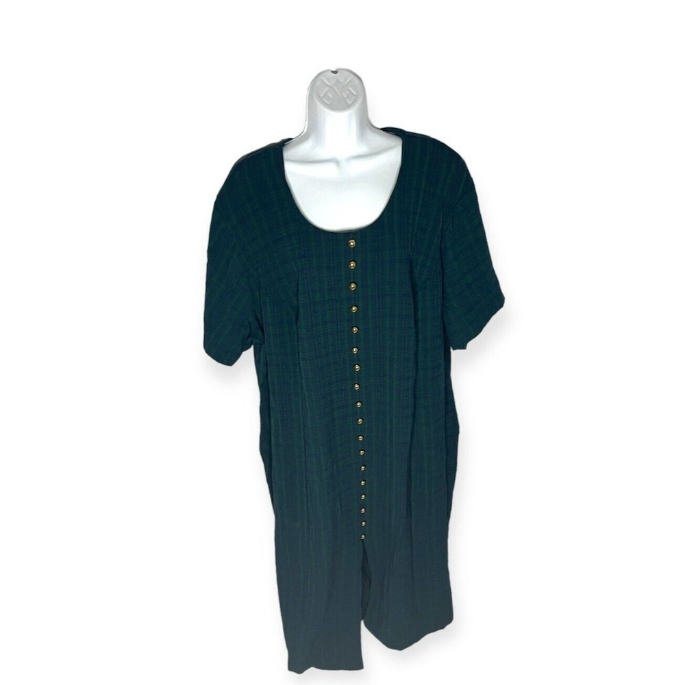 Vtg Boulevard de Paris Vintage Green Plaid Shirt Dress with Gold-hue Buttons 24